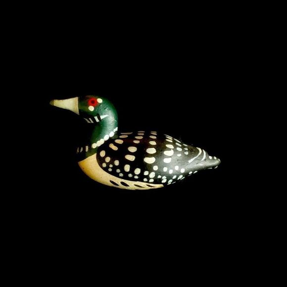 Hand painted carved Loon Duck pin green black white realistic - Picture 1 of 2